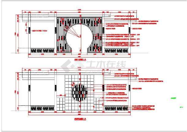 一套详细新中式月洞门廊架及坐凳小品景观施工设计cad