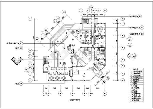 大型宾馆大堂建筑施工图(共26张),其包含的内容为:立面图,一层平面图
