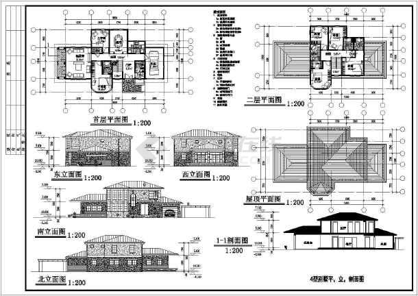 本图纸为:某地别墅建筑设计方案图纸(共4张),其中包含:平面图,立面图