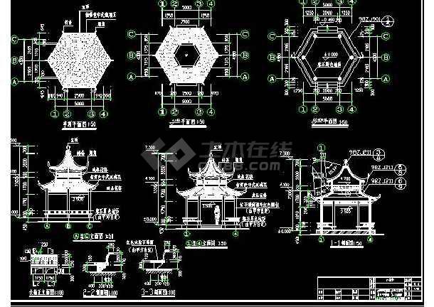 精美简单的六角亭建筑施工图(标注详细)