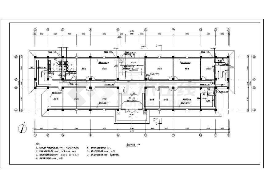 本图为某工厂综合楼扩出建筑图纸(设计说明),包括内容:一层平面图