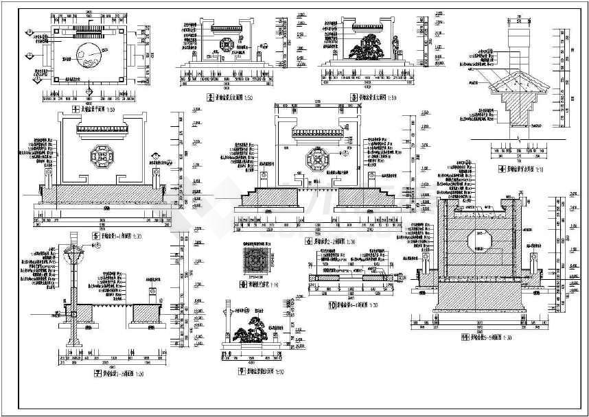 亭与景墙盆景建筑施工图(标注详细)