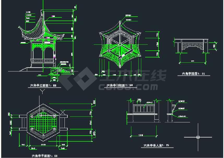 比较详细的一套小型的六角亭建筑图