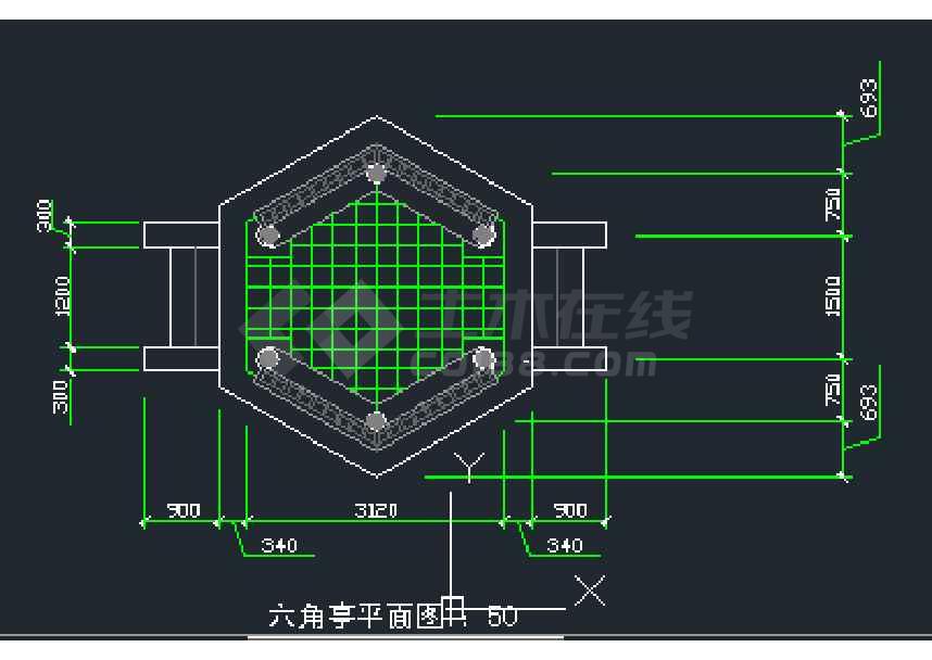 比较详细的一套小型的六角亭建筑图