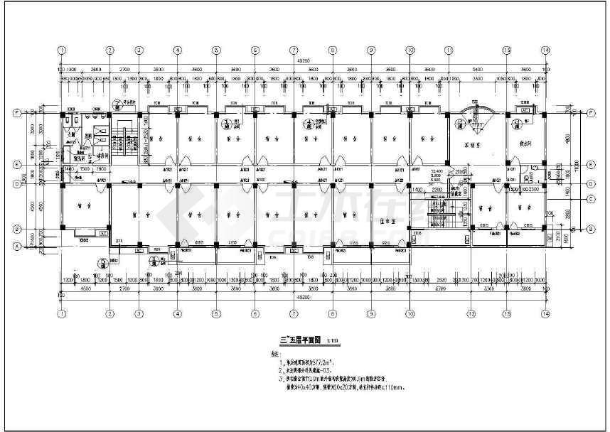 本图为比较经典的宿舍楼建筑图纸(全集),包括内容:一层平面图,1-14轴