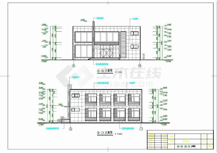 层综合办公楼建筑设计图,图纸内容包括 一层平面图,二层平面图,正立面