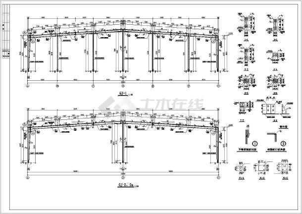 32米跨门式刚架结构生产厂房建筑及结构图