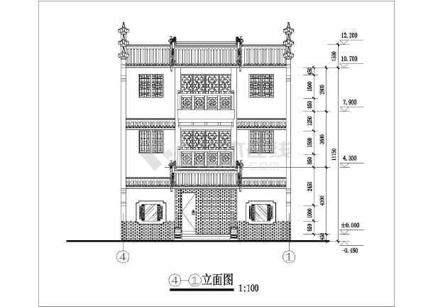 某三层砖混结构徽派建筑设计方案图(高12米)