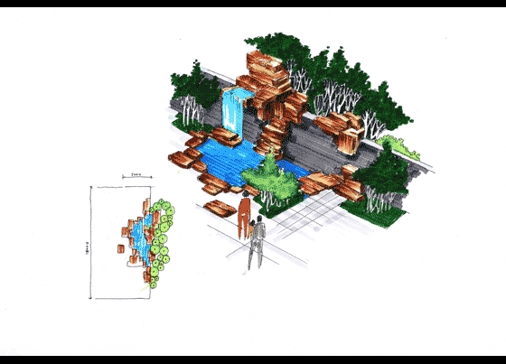 图纸 园林设计图 园林景观效果图 园林景观手绘图 跌瀑水景手绘效果图