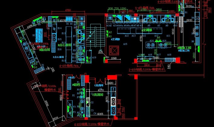 这是一份酒楼厨房的平面图,有水电布置,功能分区,图例等等,很详细的一