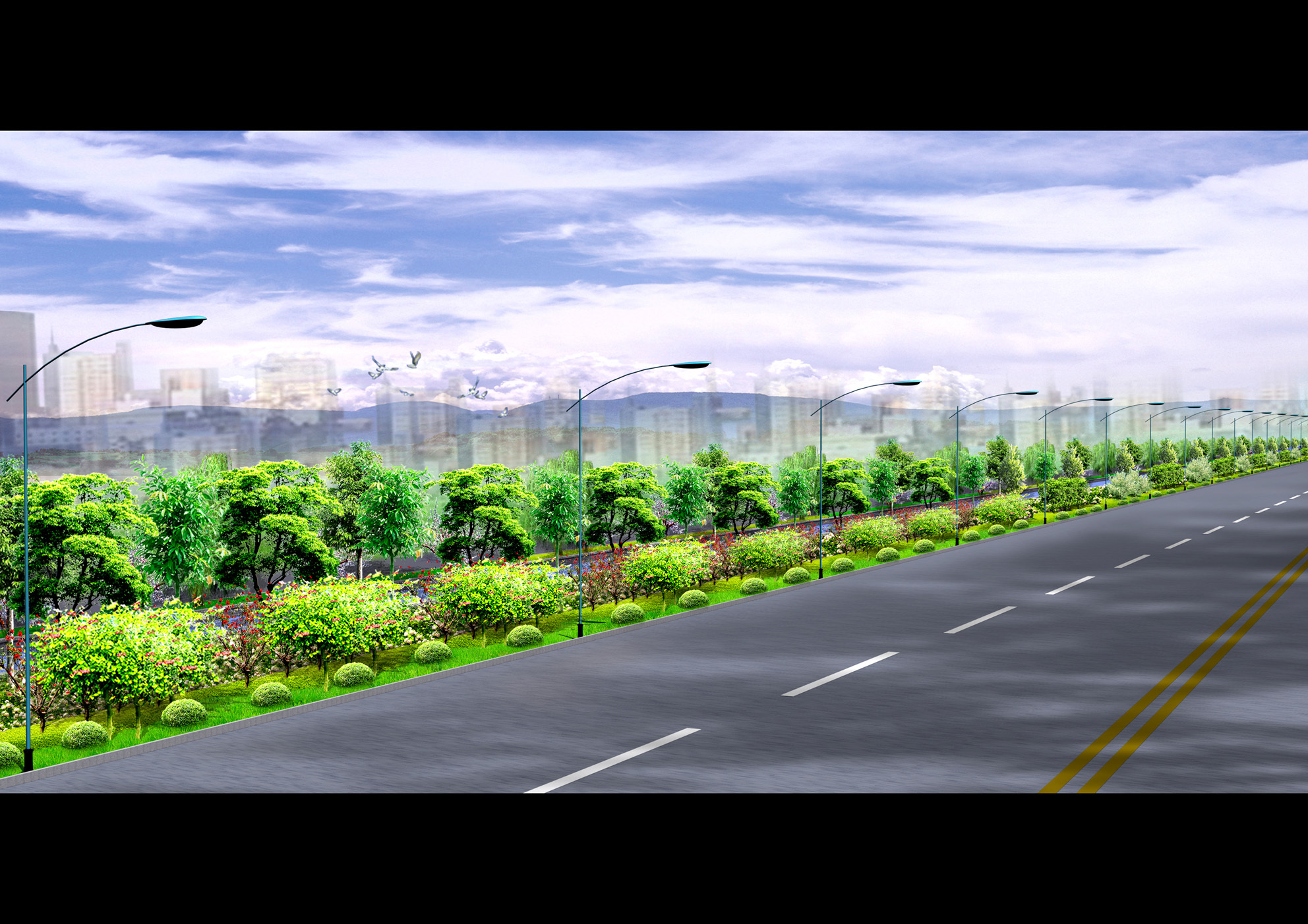 某地道路绿化景观的整体及透视效果图 某道路景观绿化主要道口接点