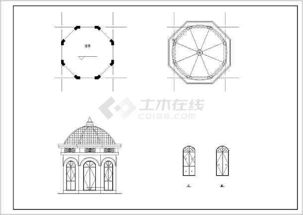 该图纸为南方某地区欧式凉亭建筑设计方案图,图纸包含:凉亭平面图