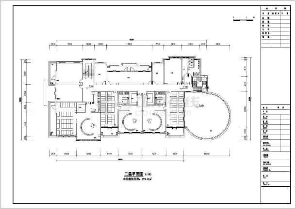 该图纸为某地区三层6班幼儿园建筑设计平面方案,内走廊,圆形音体室