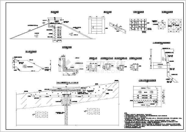 某水库土工膜心墙坝结构图,详细的坝体分区,本图纸包含了大坝纵断面