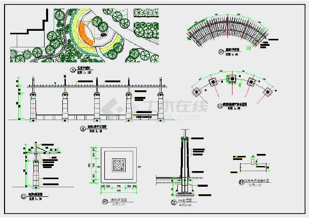 某园林小品景墙,廊架,木亭施工图_园林建筑_土木在线