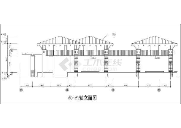 工程廊架施工图,其中主要包含中式长廊立面图,长廊平面图,座凳剖面图