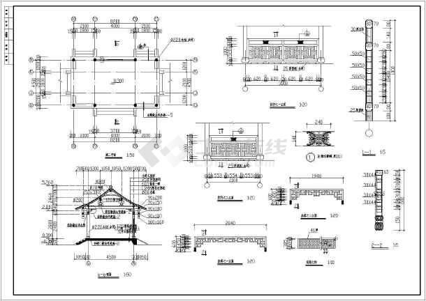 某古建凉亭长廊平面及剖面图-图3