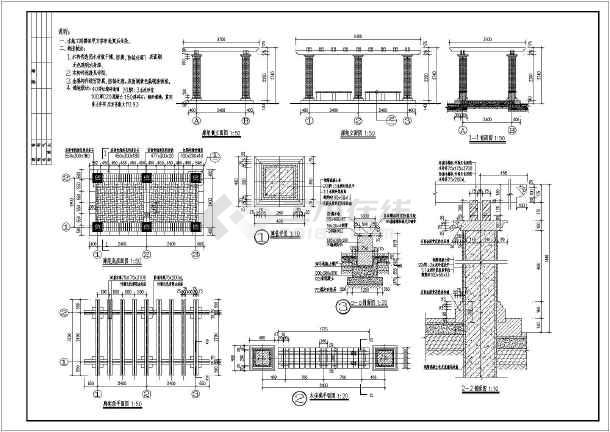 主要包括:设计说明,廊架底层面图,廊架顶平面图,廊架侧立面图,廊架