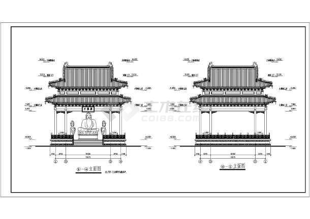 收藏此图纸 简介:古建庙宇中歇山重檐万佛殿施工套图,平面,立面,剖面