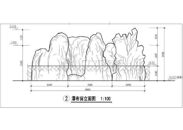 图纸设计非常详细,包括瀑布总平面图,假山立面图,背立面图,瀑布平面图