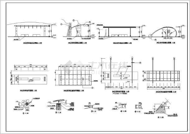 设计施工图纸,内容包括:1#公交车站侧立面图,1#公交车站屋顶平面图等