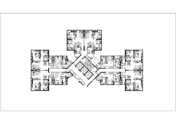 29层公寓楼建筑平面布置图,为3梯12户公寓楼,高层公寓,十字形平面布局