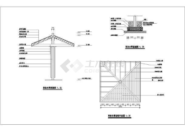 一个单柱四方中式木亭设计施工图纸