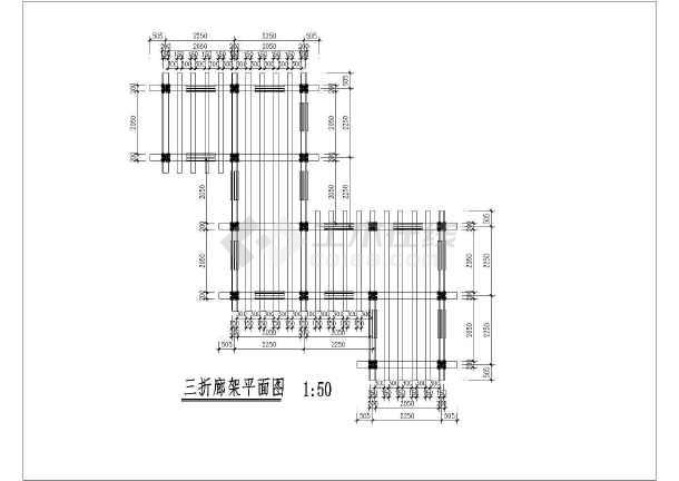 廊架基础平面图,立面图,剖面图,大样图本廊架为防腐木廊架,高3m,尺寸