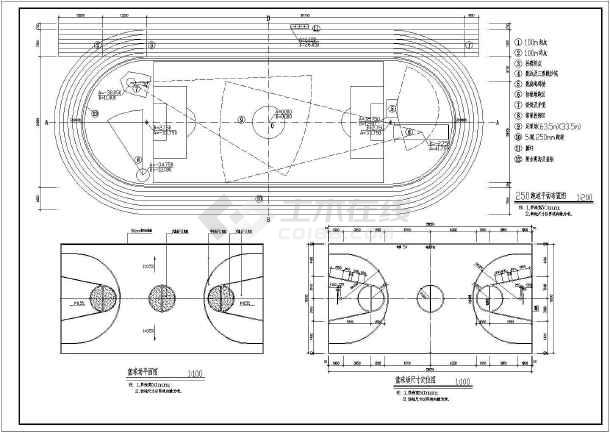 篮球场尺寸定位图,铅球投掷圈平面图,跳远及三级跳砂坑平面图,场地