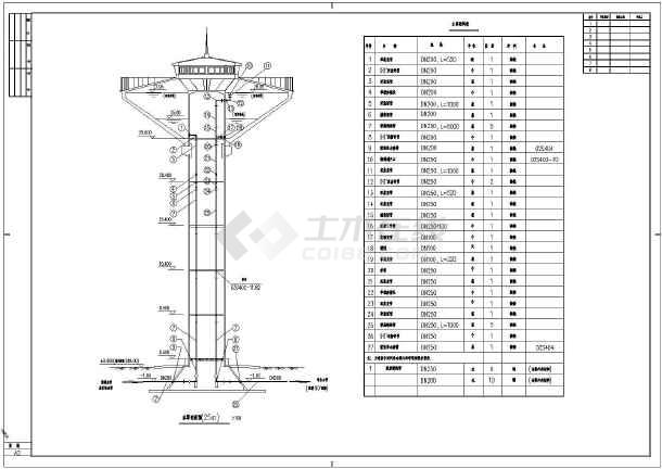 25米高位水塔给排水施工cad设计图纸(剖图)