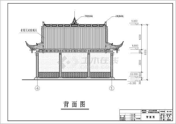 本图纸为汶川某寺庙仿古框架结构大殿建筑施工图,建筑为三开间设计