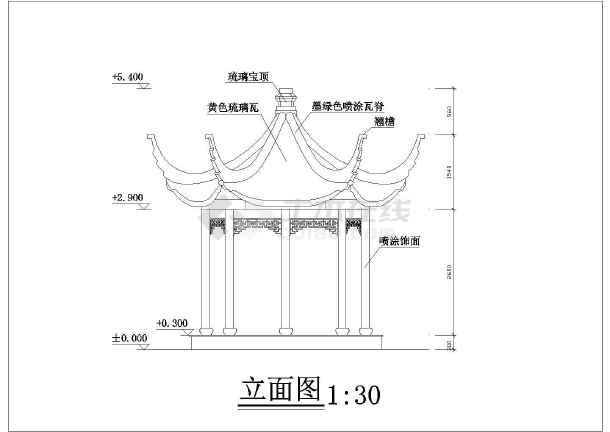 本图纸为:江西某景区八角亭建筑设计施工图,内容包括:立面图,挂落