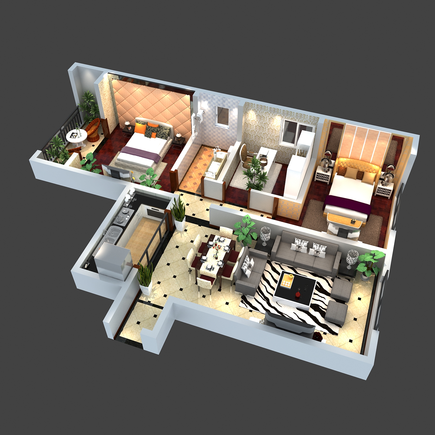 现代两室一厅室内设计家装户型图鸟瞰图3d模型下载