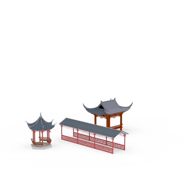 中式六角亭四角亭长廊3d模型下载