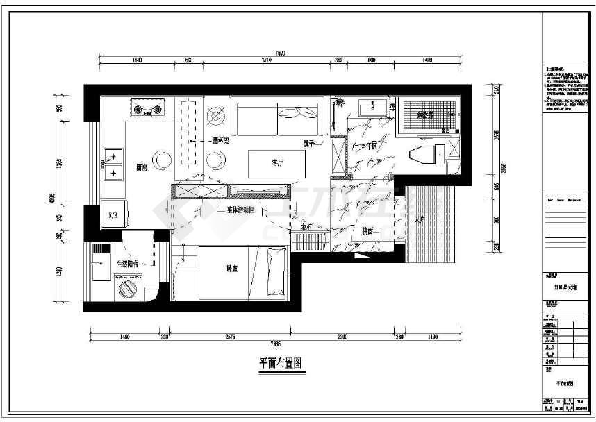 某地现代中式一居室小户型单身公寓装修施工图(附效果