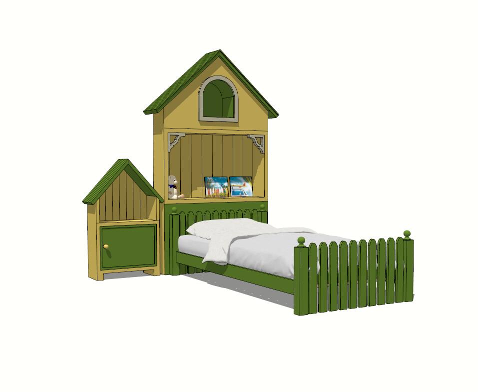 欧式绿色木房造型儿童床su模型-图一