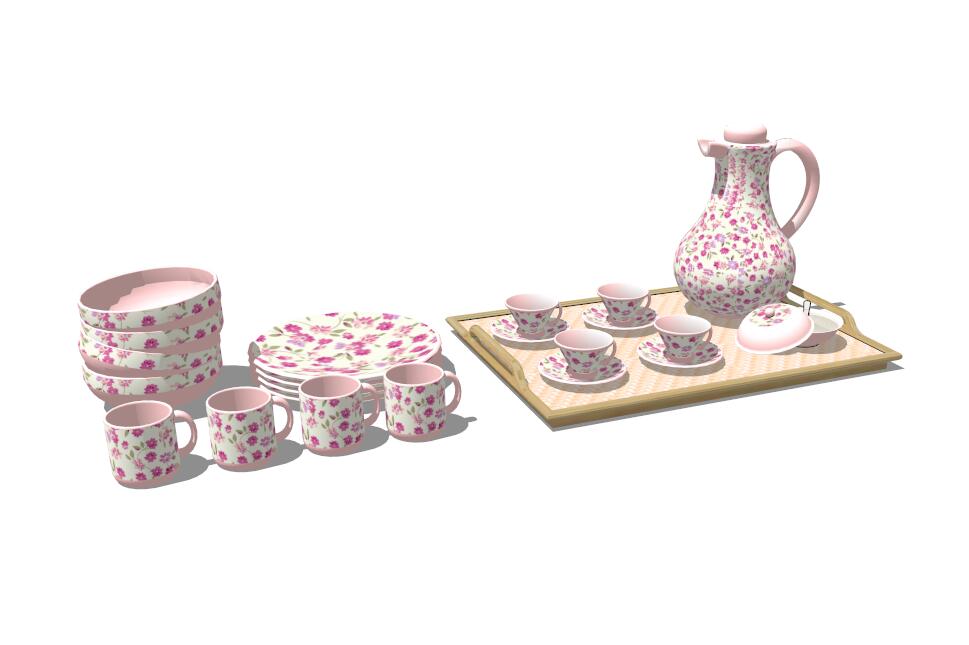 漂亮花纹陶瓷杯子碟子茶壶组合su模型-图一
