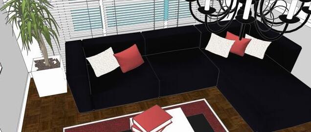 办公室客厅黑色沙发茶几室内盆景组合su模型-图一