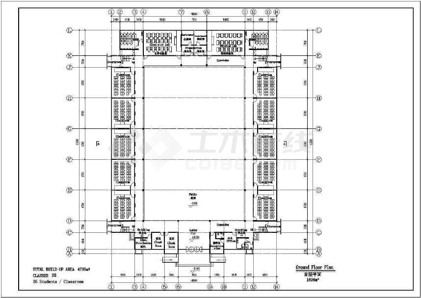 某中学三层三十二班教学楼建筑方案图(回字形)
